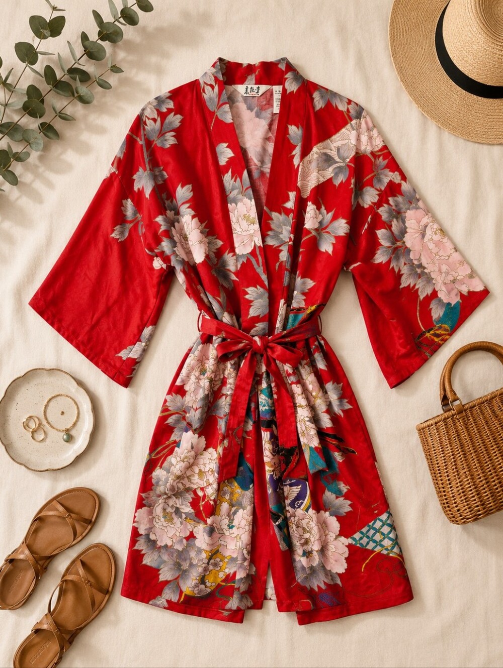 Vtg JUGUEMM Japanese Short Cotton Kimono W/belt. Red Festival. Sz Sm/med